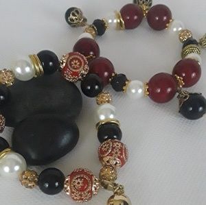 Handcrafted Red Black Gold Stretch Bracelet Set